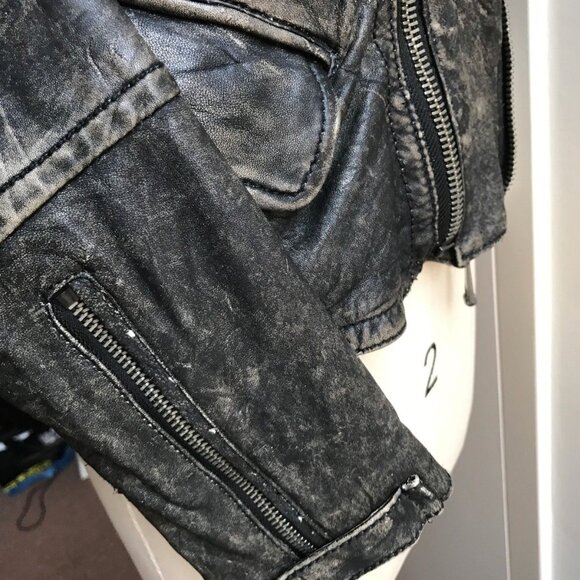 Womens Andrew Marc Leather Jacket Size XS Black Brown Moto Hoodie Biker Grunge - Picture 4 of 9